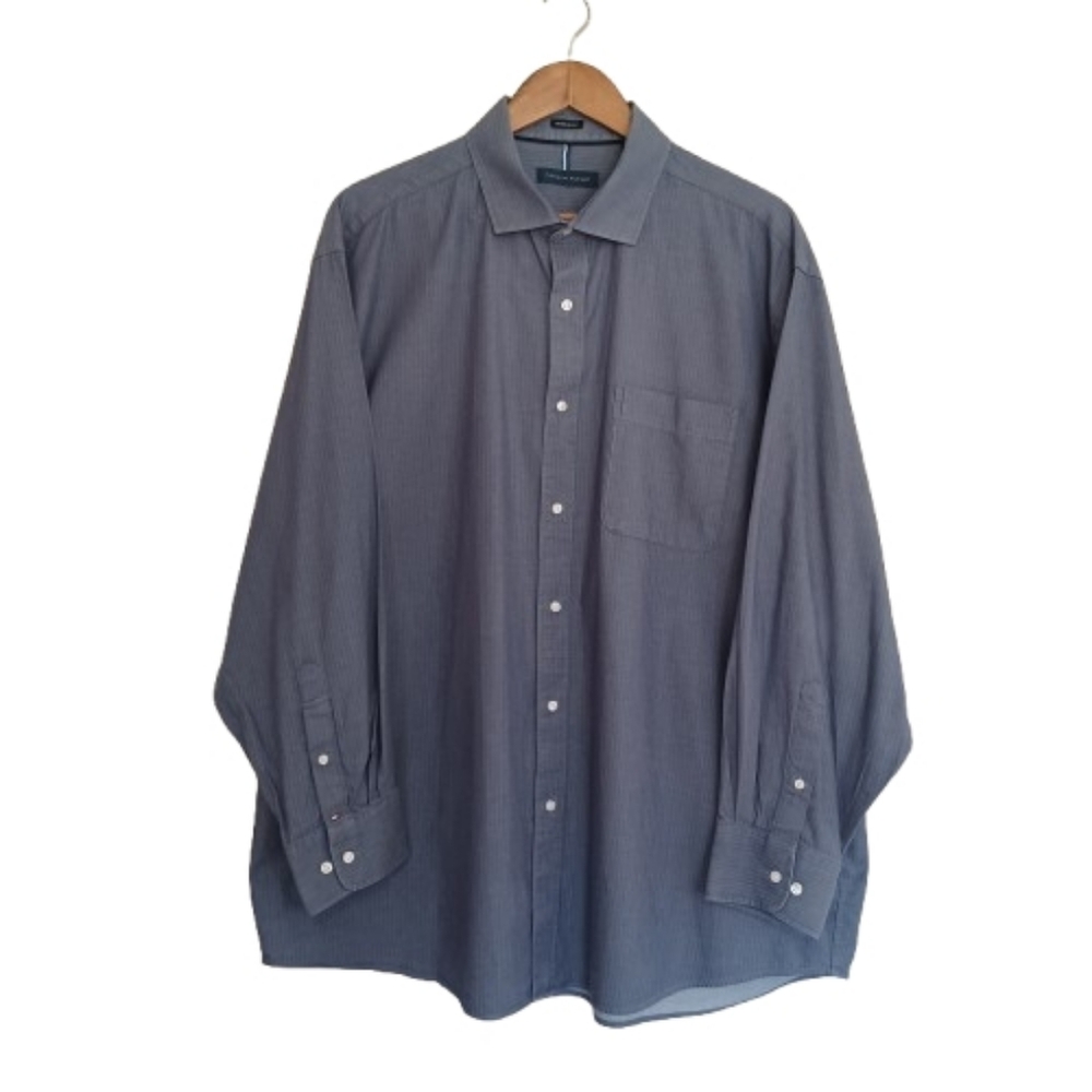 TOMMY HILFIGER 2XL Mens Classic Regular Fit Stripe Blue Button Front Dress Shirt